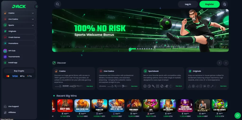 JACK casino interface displaying sportsbook and game selection